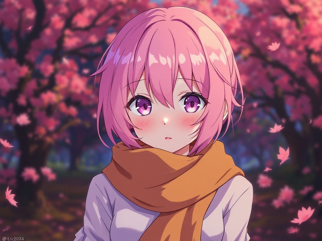 Anime girl with pink hair and orange scarf standing in front of cherry blossoms