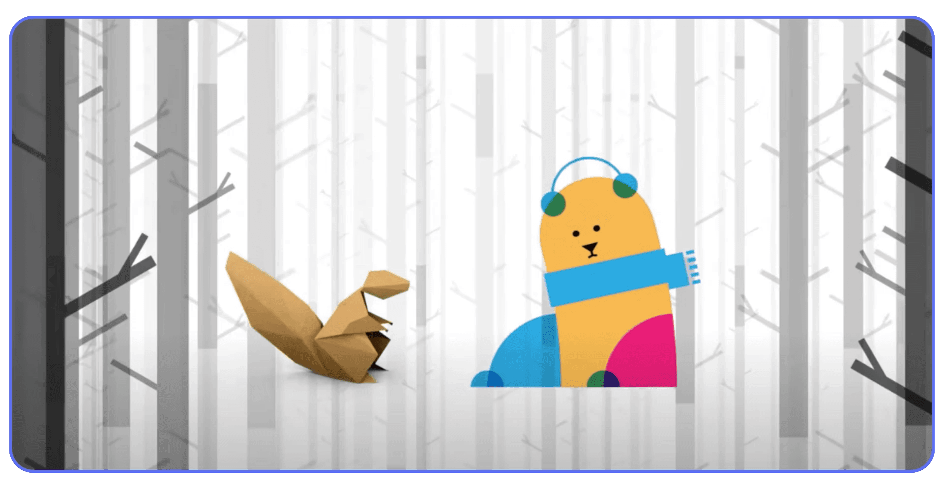 Scene from The Missing Scarf, a Blender animated short with simple characters in a snowy forest setting