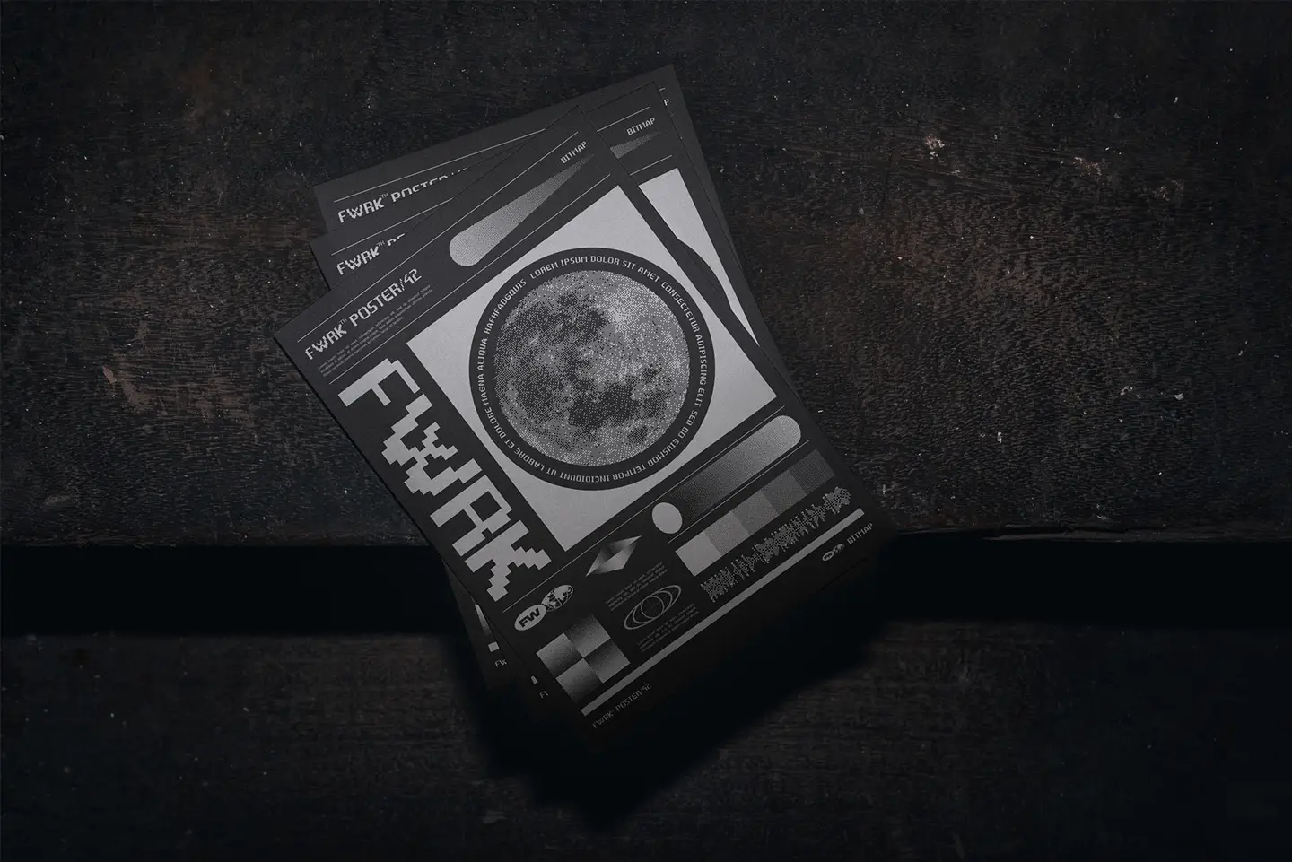 A5 flyer mockup showcasing a grainy bitmap moon design with a lo-fi underground aesthetic