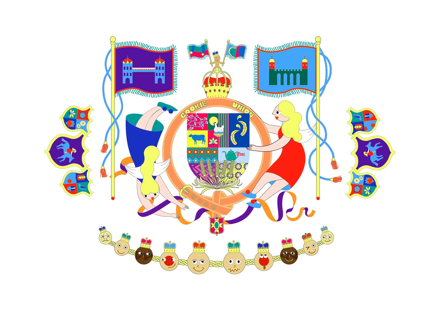 Colorful central illustration featuring characters and decorative graphic elements for the Cookie Union visual universe.