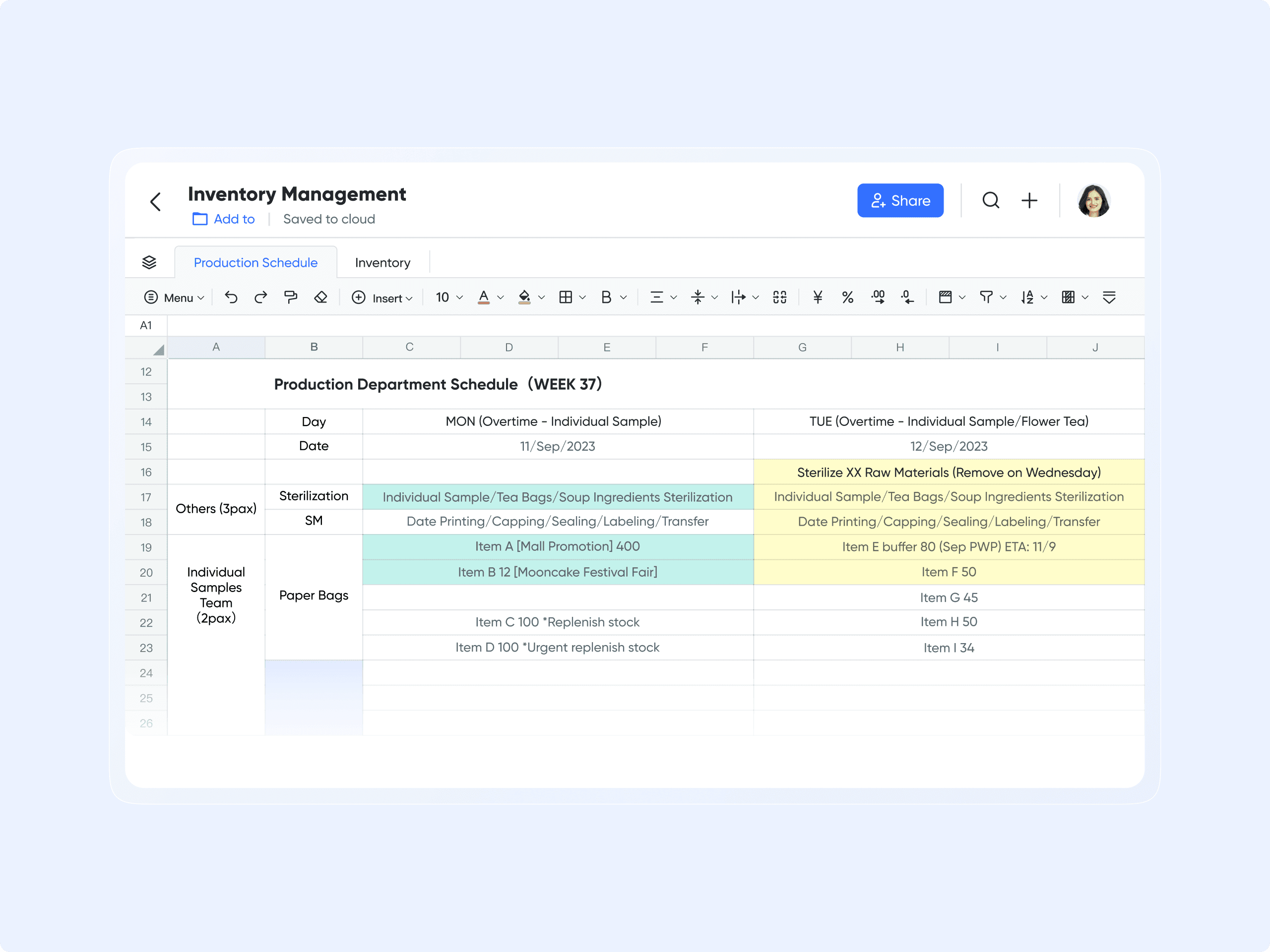 Product production schedule management with Lark Sheets