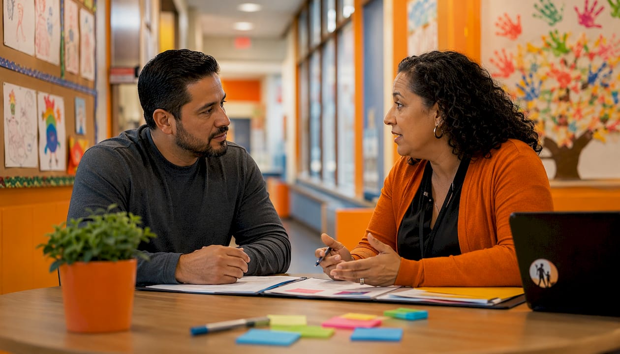 Parent and teacher discussing IEP in school room