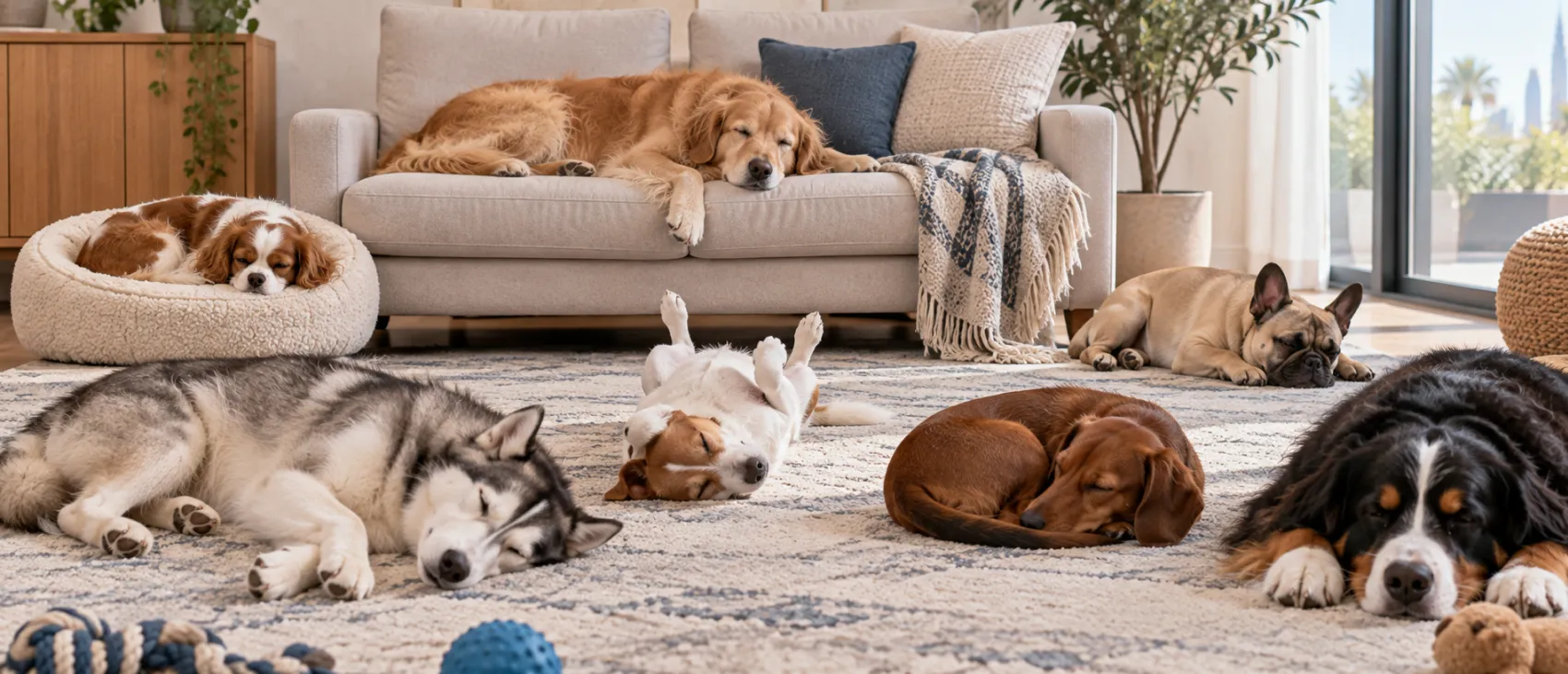 Several dogs of different breeds sleeping in various positions around a living room.