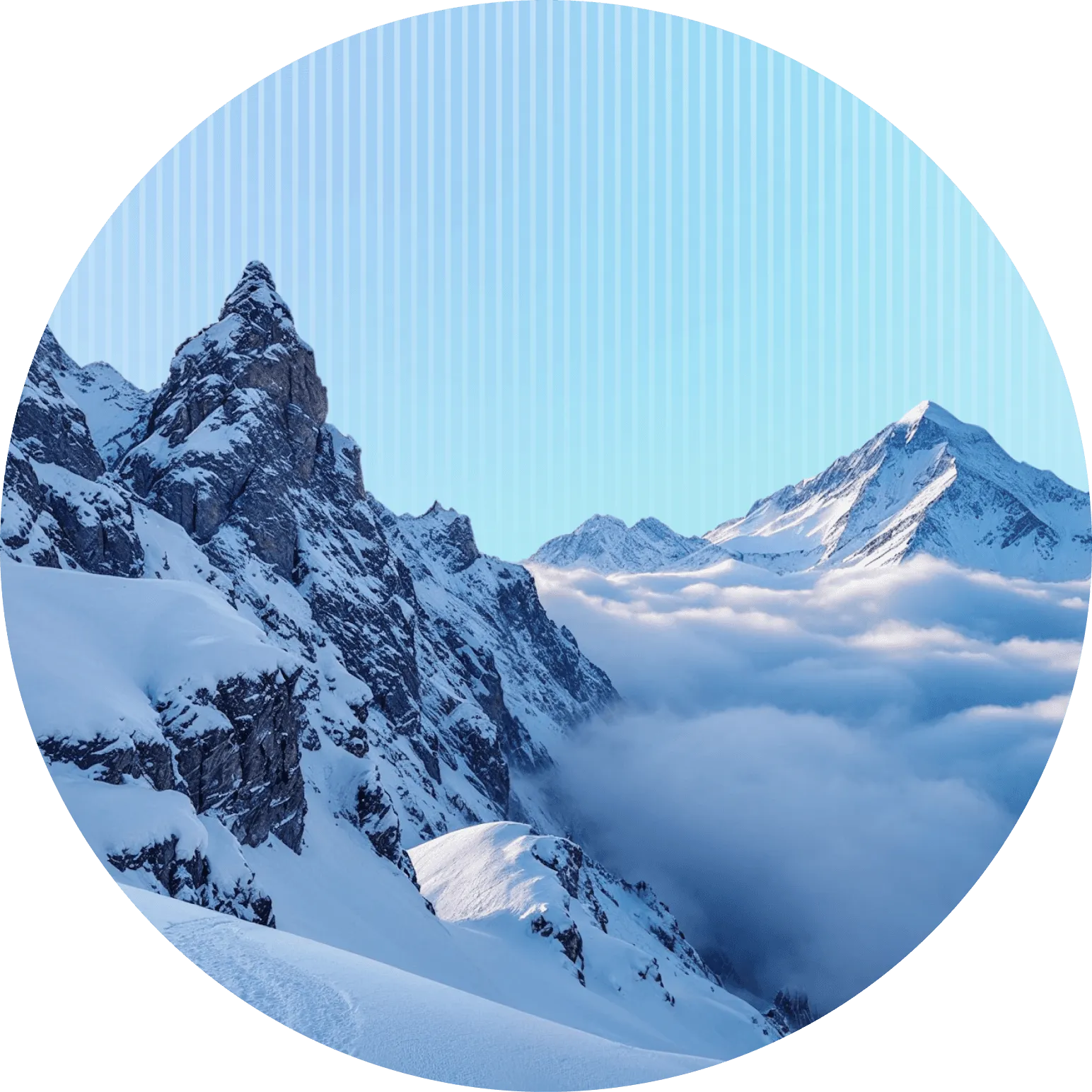 Snowy mountains rise under a clear blue sky, with clouds filling the valley below.