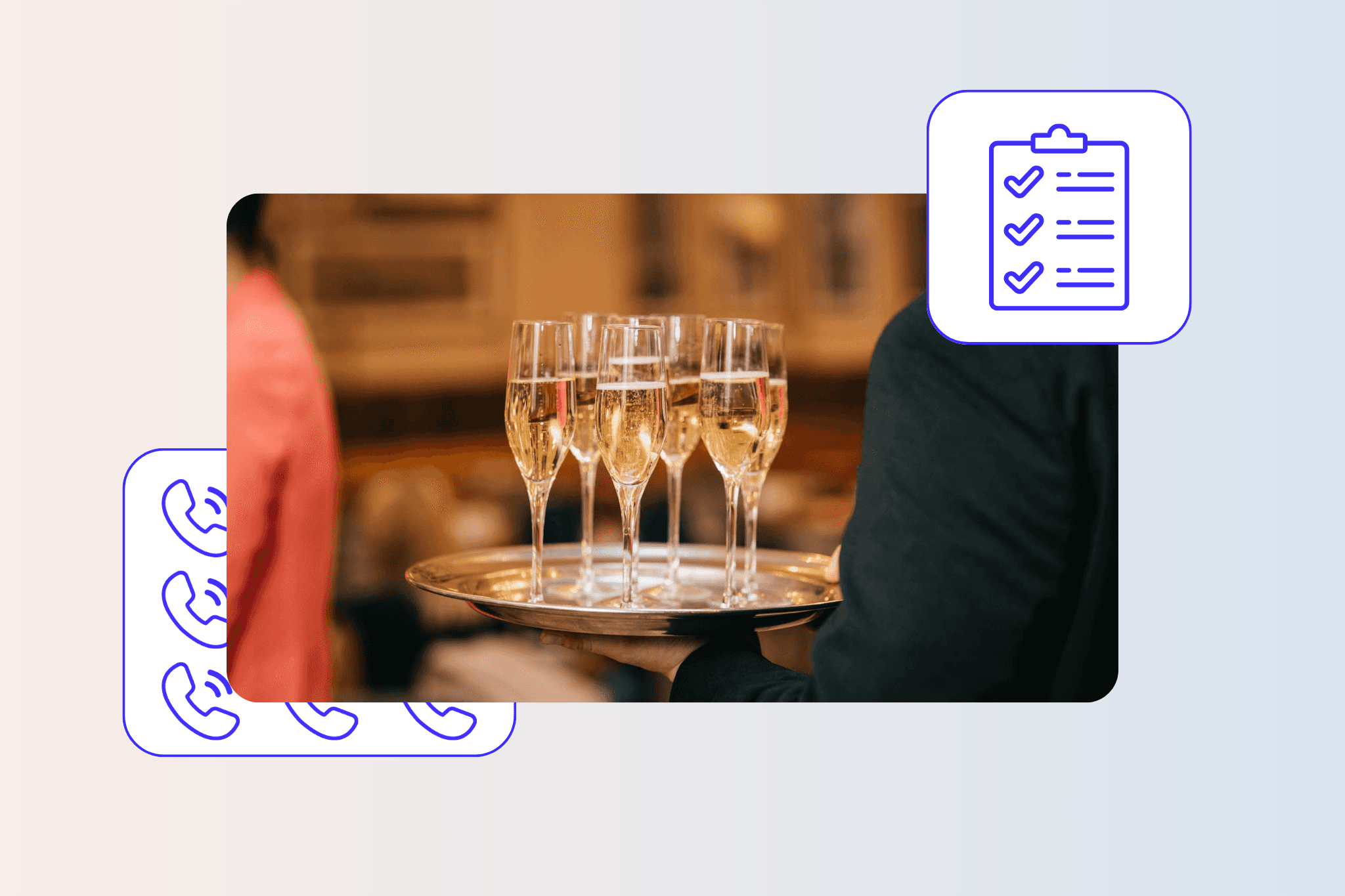 A waiter carrying a tray of champagne flutes at an event