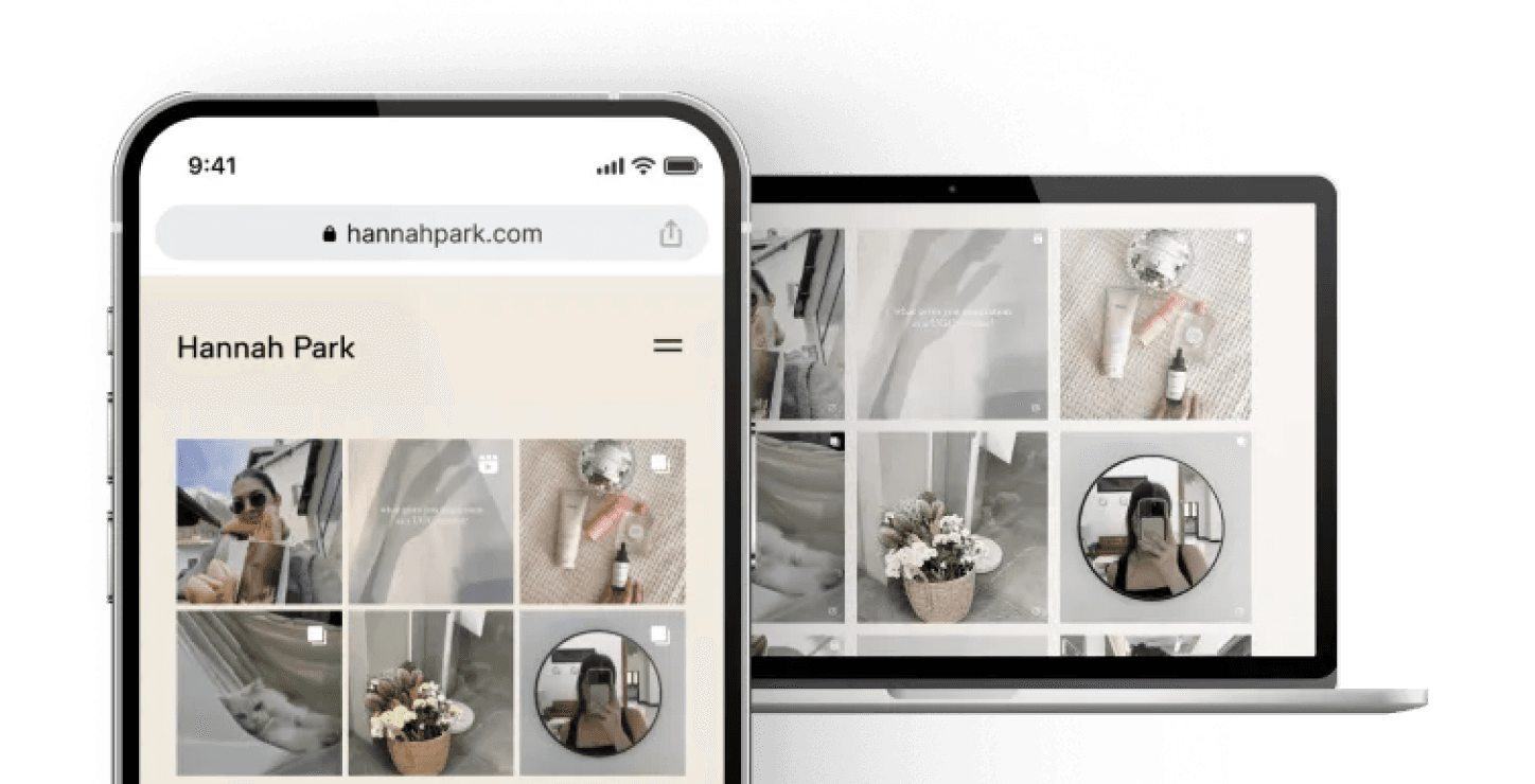 A laptop and phone mockup with an Instagram logo, showcasing how Copyfolio lets you embed a live IG feed instead of static screenshots.