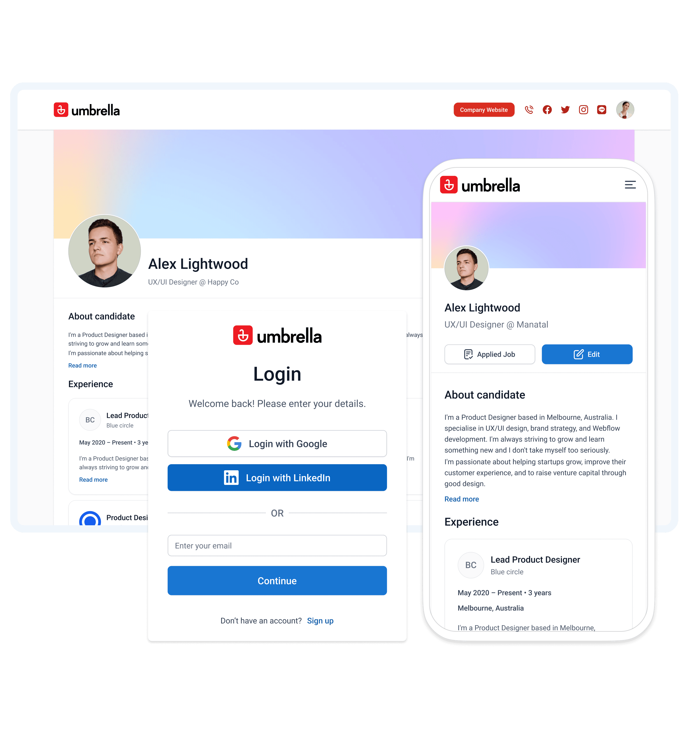 Candidate portal with log in page and candidate profile displayed on both pc and mobile screens