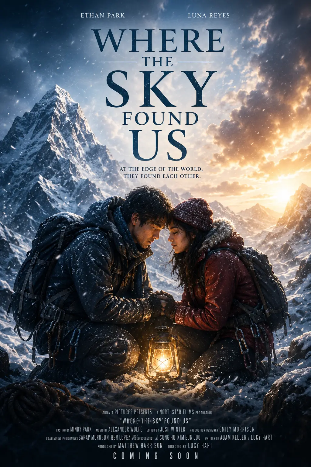 AI-generated romantic movie poster of a couple seated together on a snowy mountain ridge, holding a lantern under a dramatic sky.