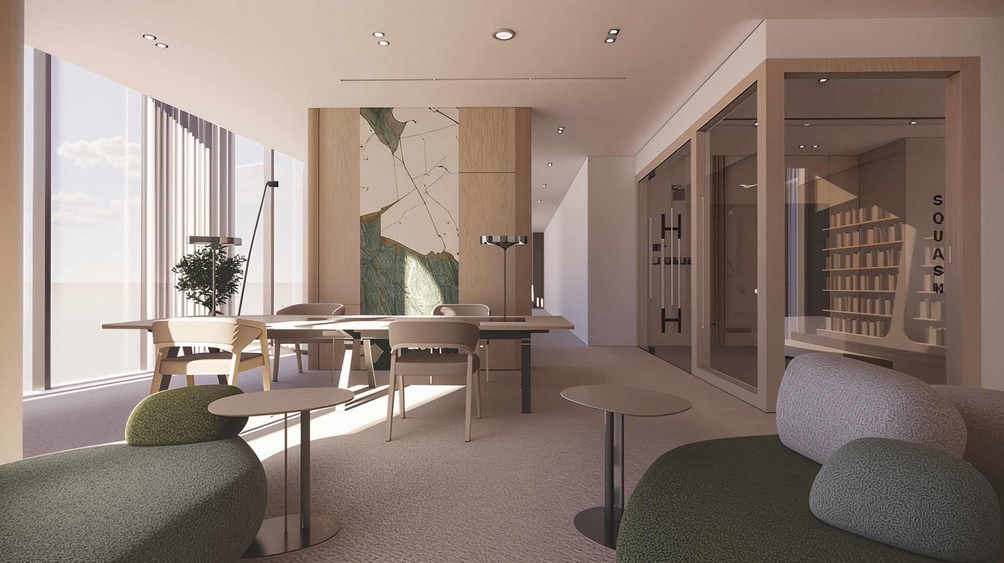 Contemporary living room with stylish decor and a stunning view of the cityscape, showcasing MBL signature aesthetics.