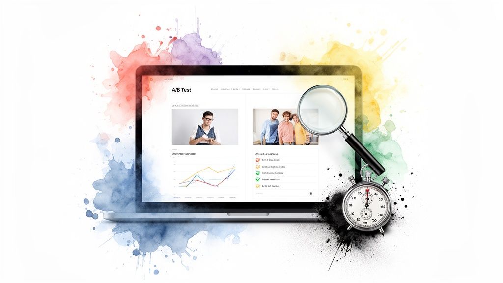 Laptop displaying A/B test interface, data, magnifying glass, and stopwatch with colorful splashes.