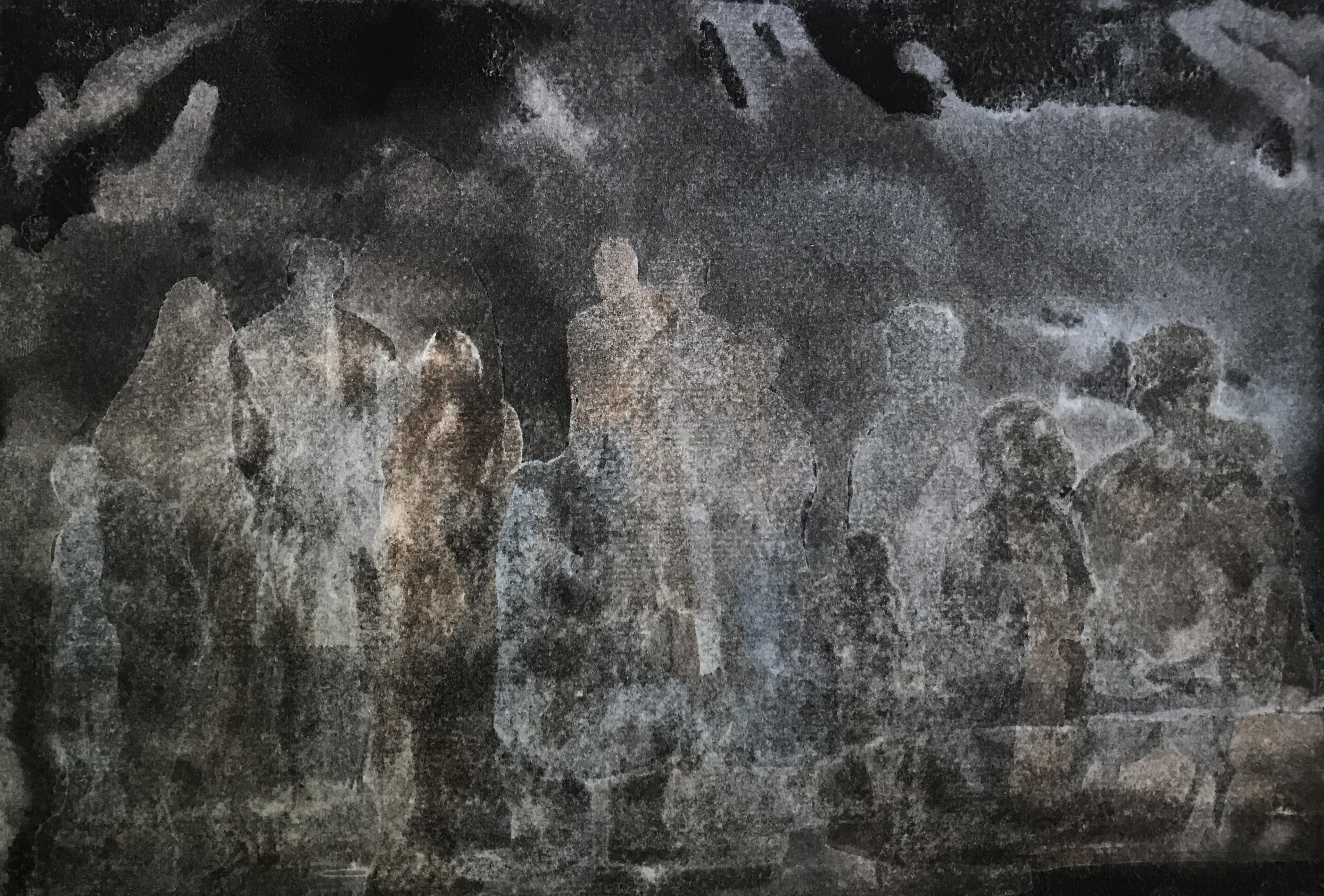 herd of sheep on road painting