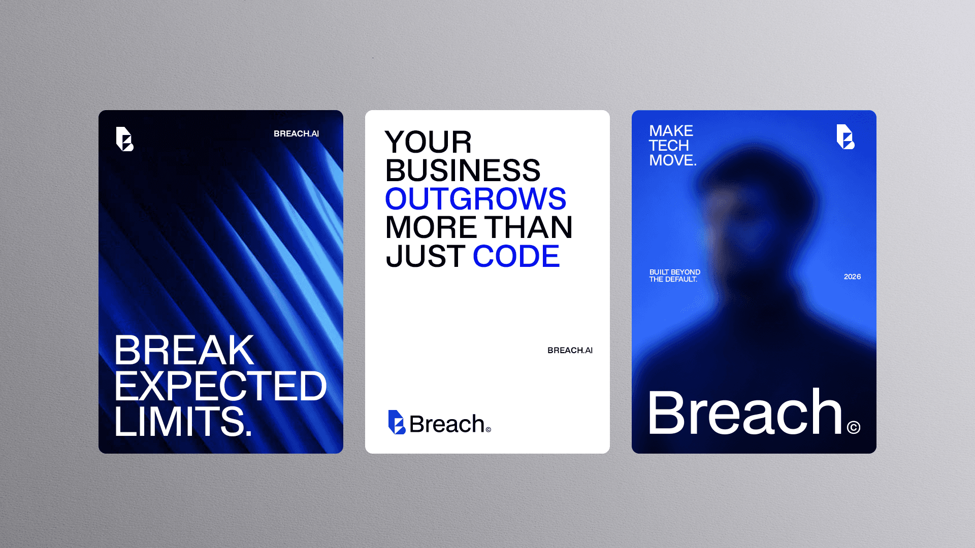 Breach.ai social media graphics using the blue, black and white brand system.