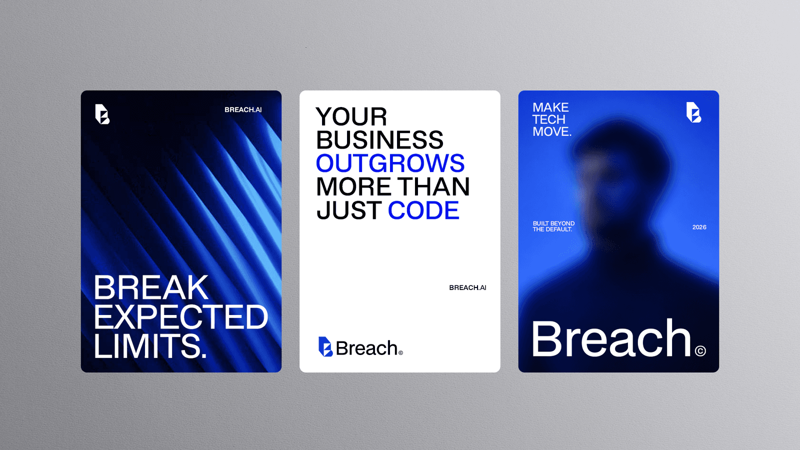 Breach.ai social media graphics using the blue, black and white brand system.