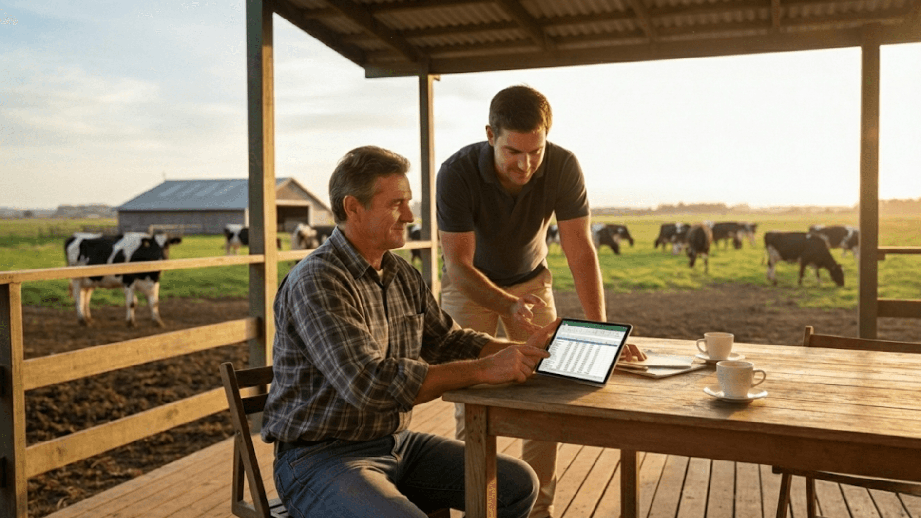 Produtor rural analisando planilhas no tablet para organizar financeiro e preparar o Imposto de Renda Rural na fazenda