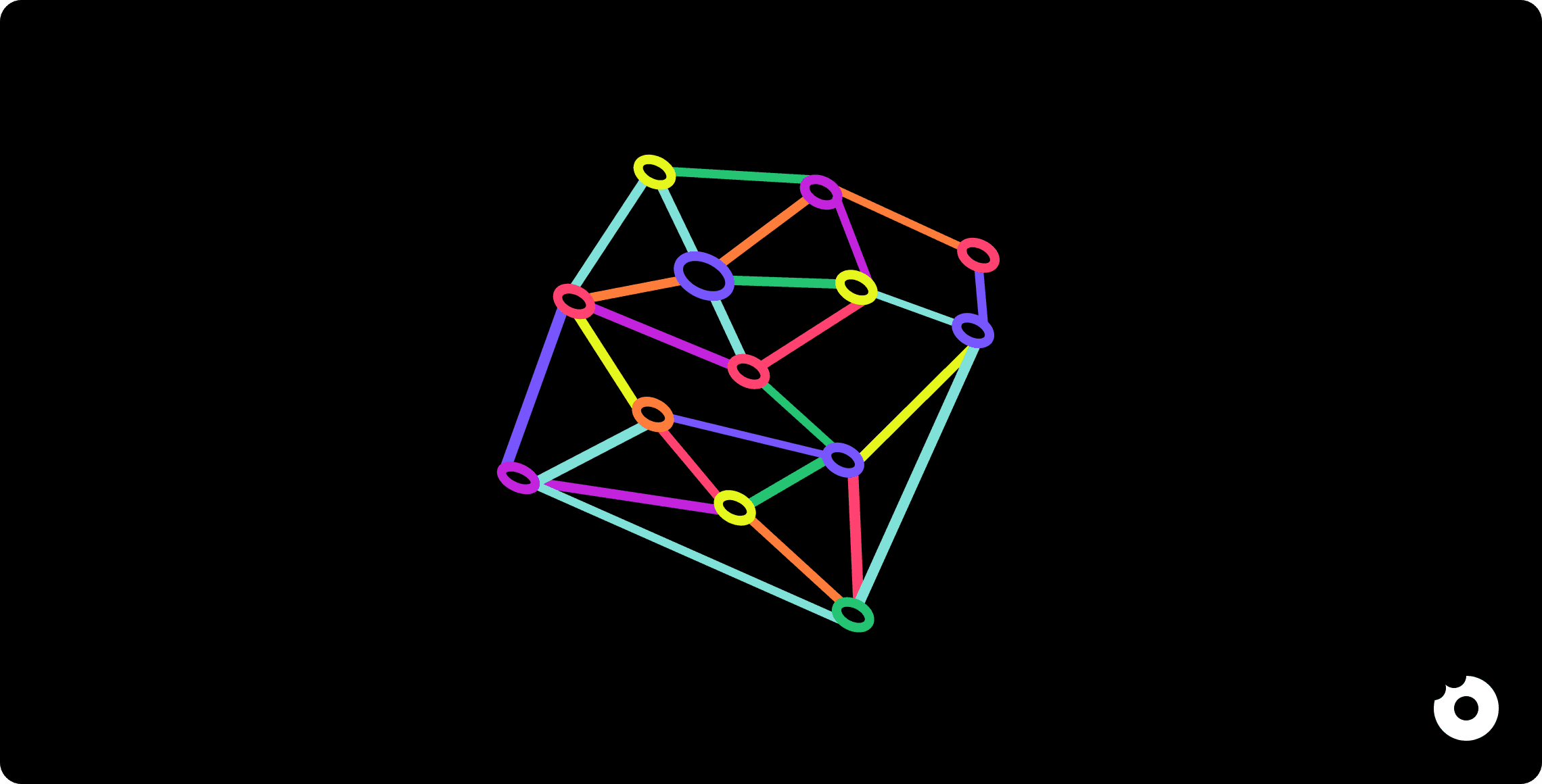 Colorful geometric wireframe shape made of multicolored connected nodes on a black background