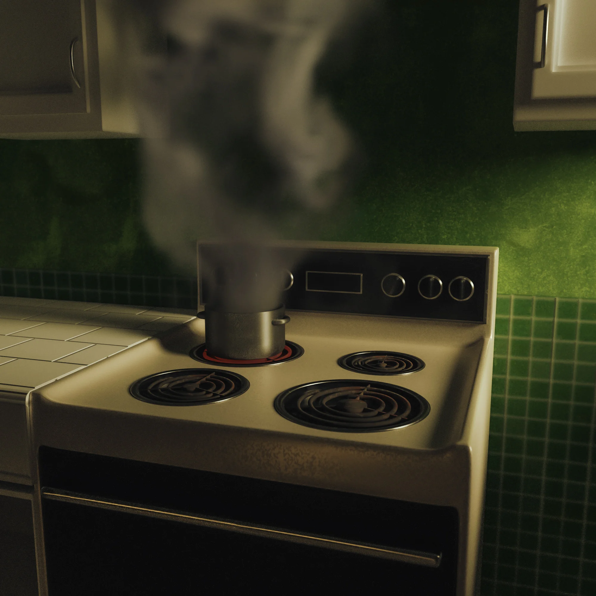 A 3D render of a dimly lit kitchen with a pot on an old stove, billowing thick clouds of smoke.