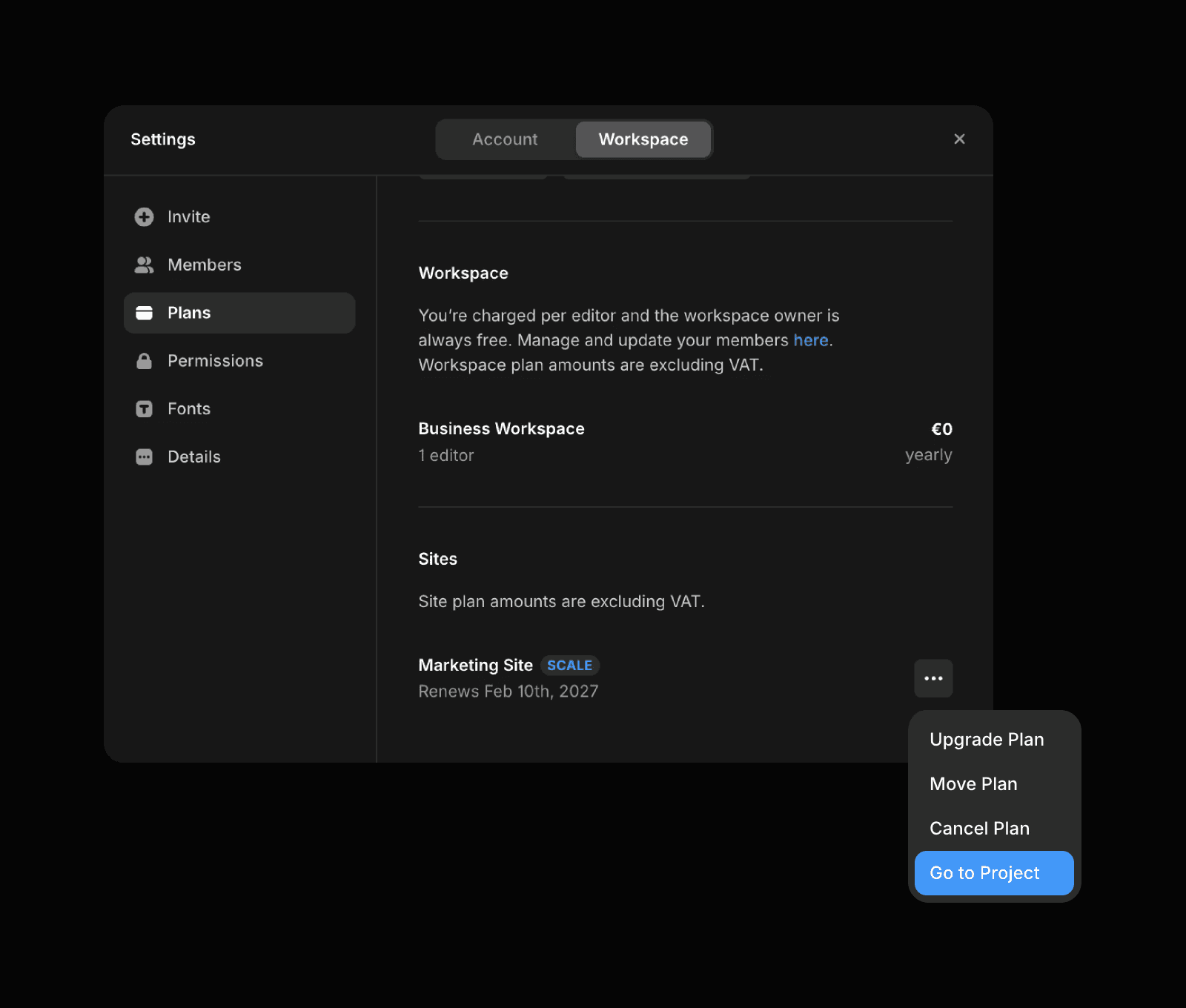 Framer workspace settings showing the Plans tab with a dropdown menu next to the Marketing Site plan. The menu displays four options: Upgrade Plan, Move Plan, Cancel Plan, and Go to Project (highlighted in blue).