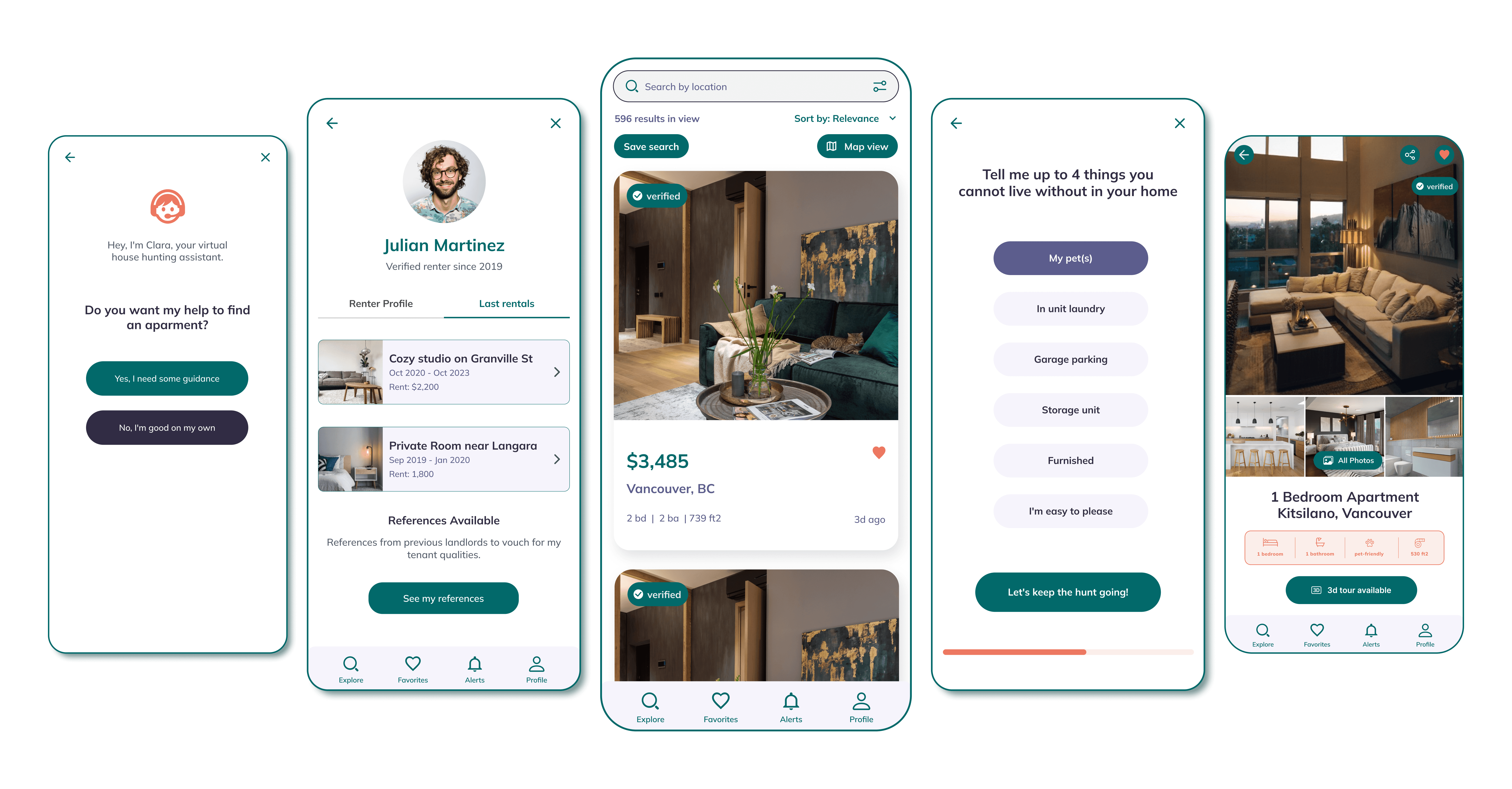 five mobile user interfaces side by side