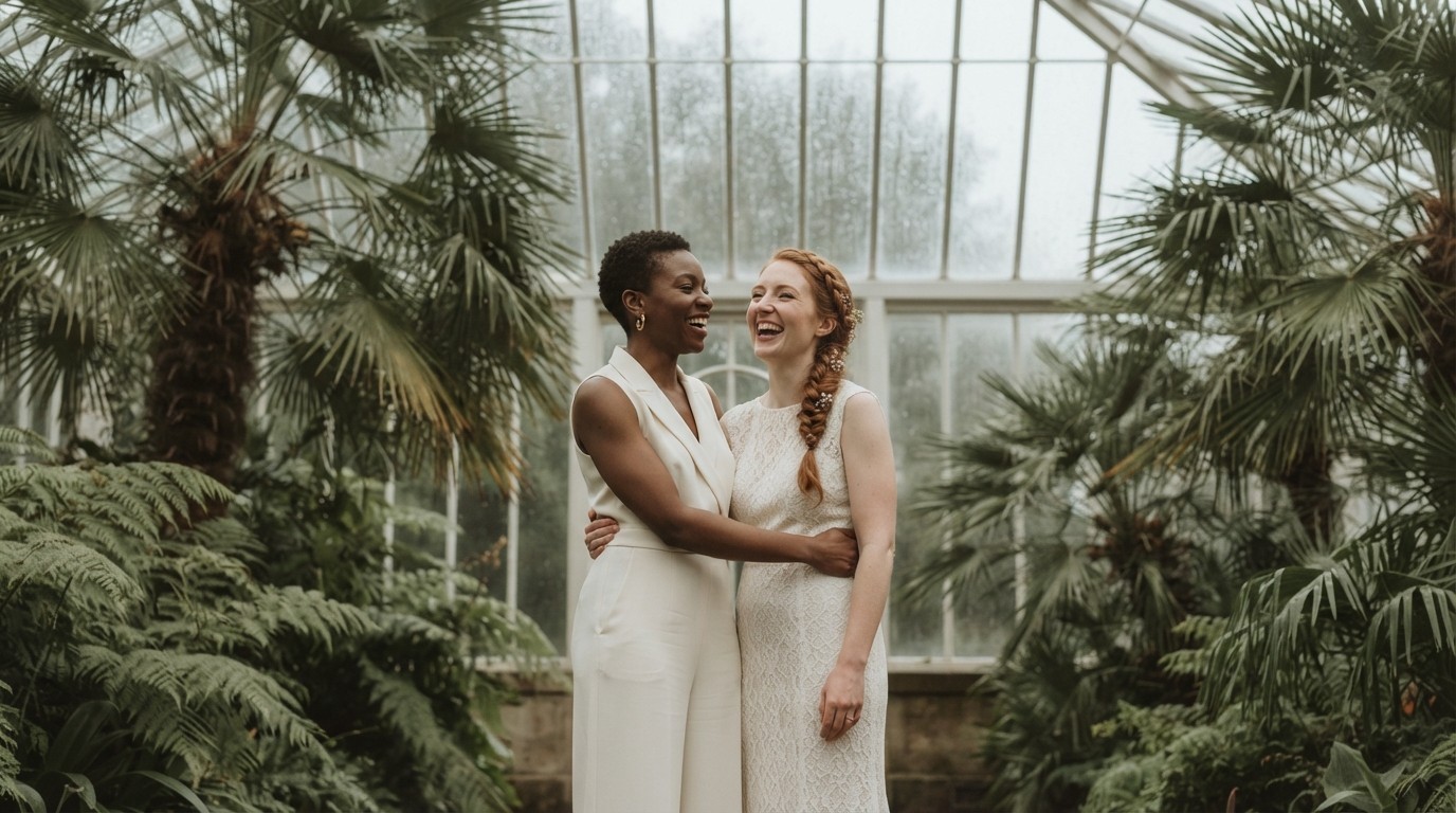 Grace and Amara laughing together among ferns in a Victorian glasshouse