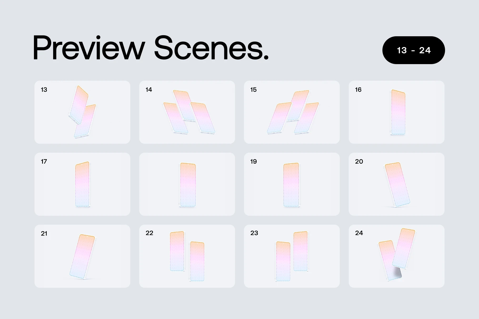 Second gallery grid showing preview scenes 13 to 24 with various angled and floating views of the Galaxy S26 mockups.