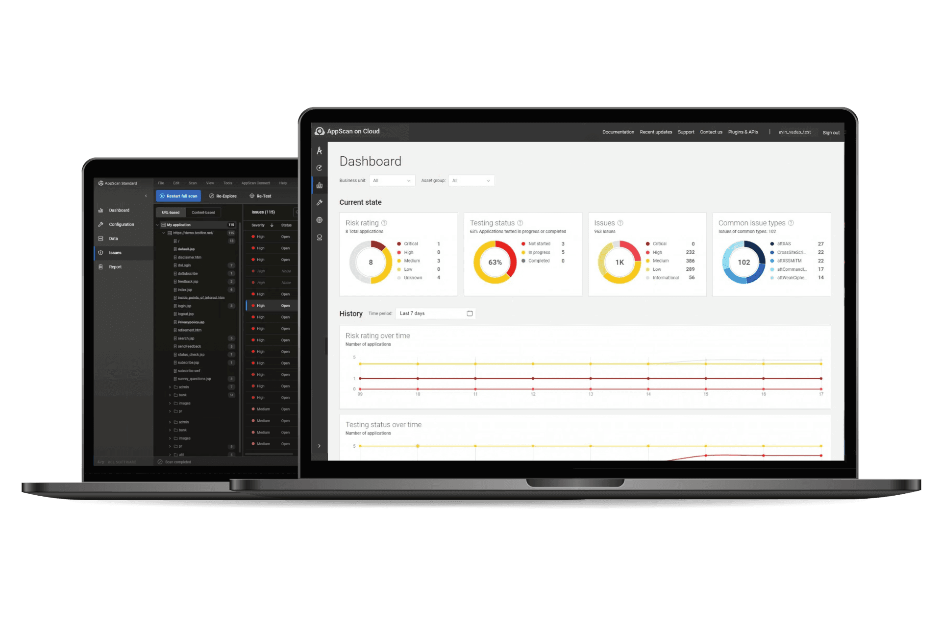 AppScan on Cloud and AppScan Standard as seen on laptops