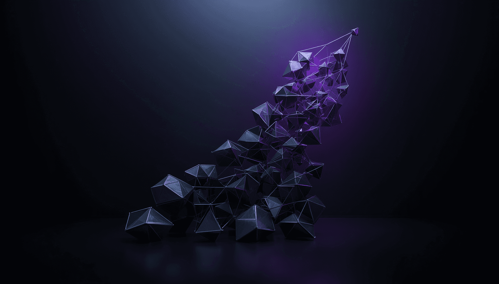 Estrutura geométrica minimalista representando crescimento estratégico, com formas interligadas em destaque neon violeta sobre um fundo grafite profundo.