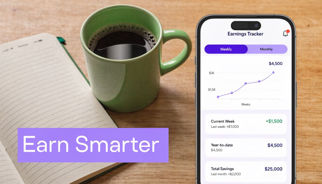 A smartphone screen displaying an earnings tracker app, next to a notebook and a coffee mug.
