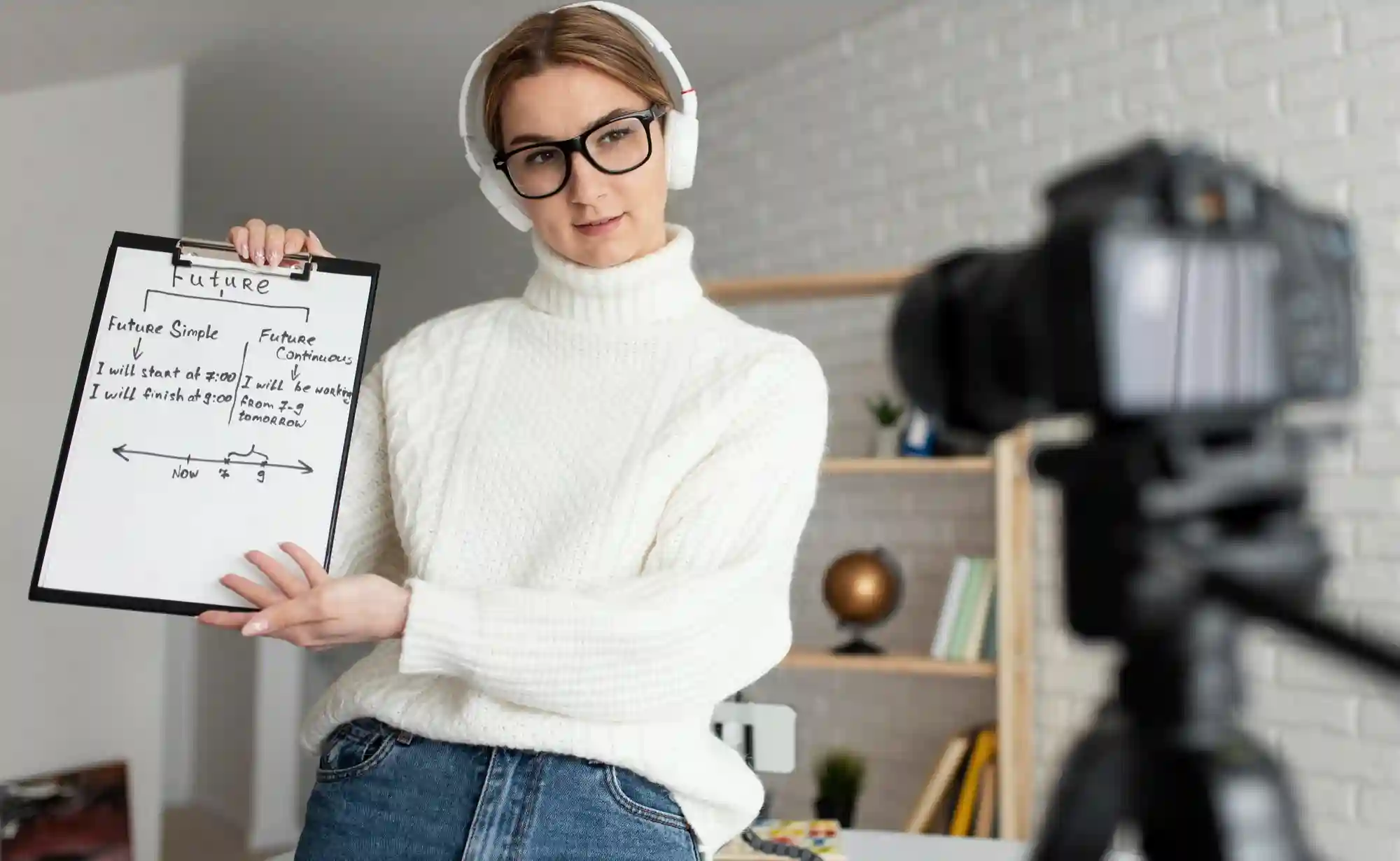 Female online tutor recording a video lesson, holding a clipboard with notes and equations for students.