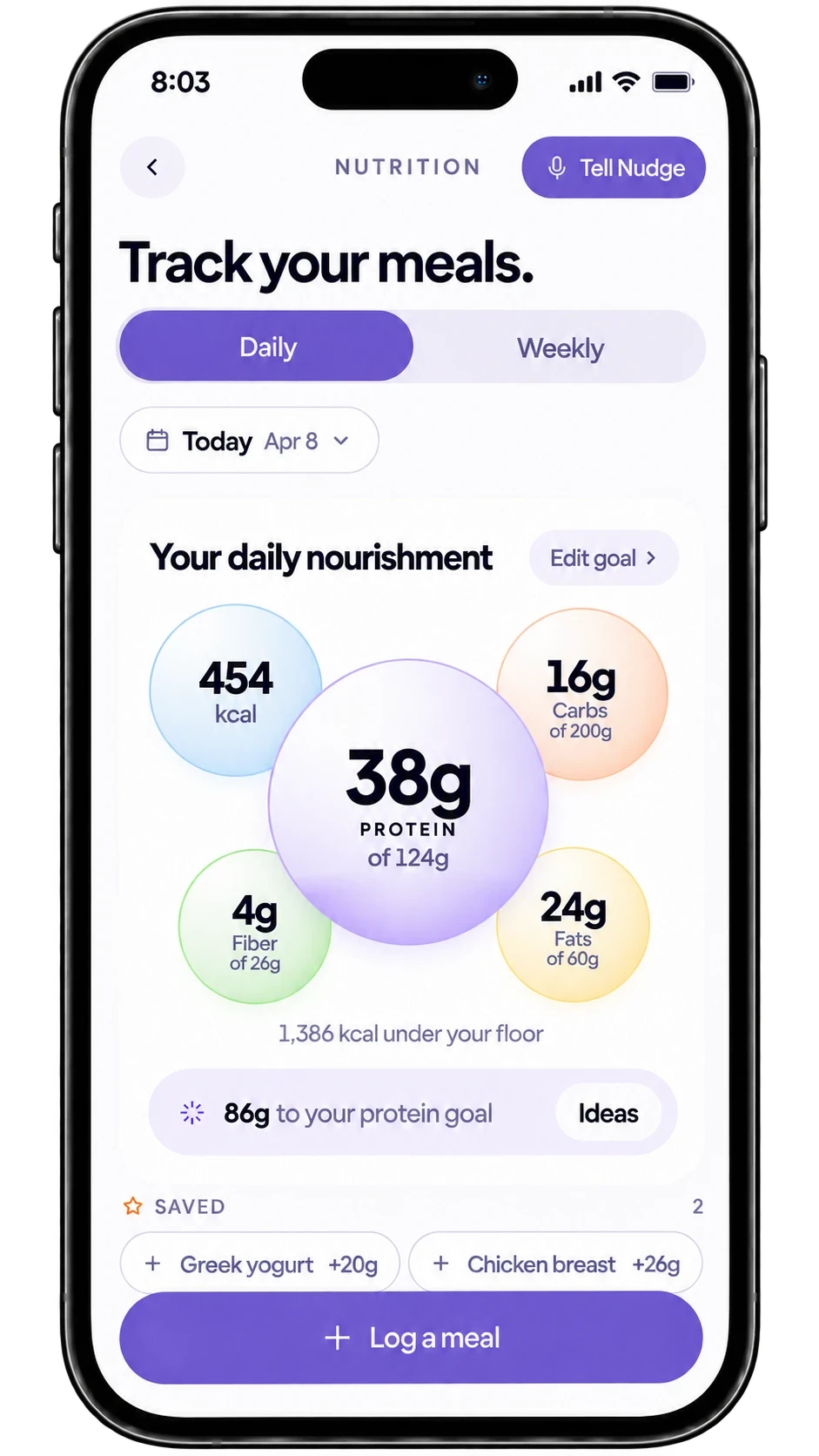 Tracking protein and calories against a daily goal in the Nudge app
