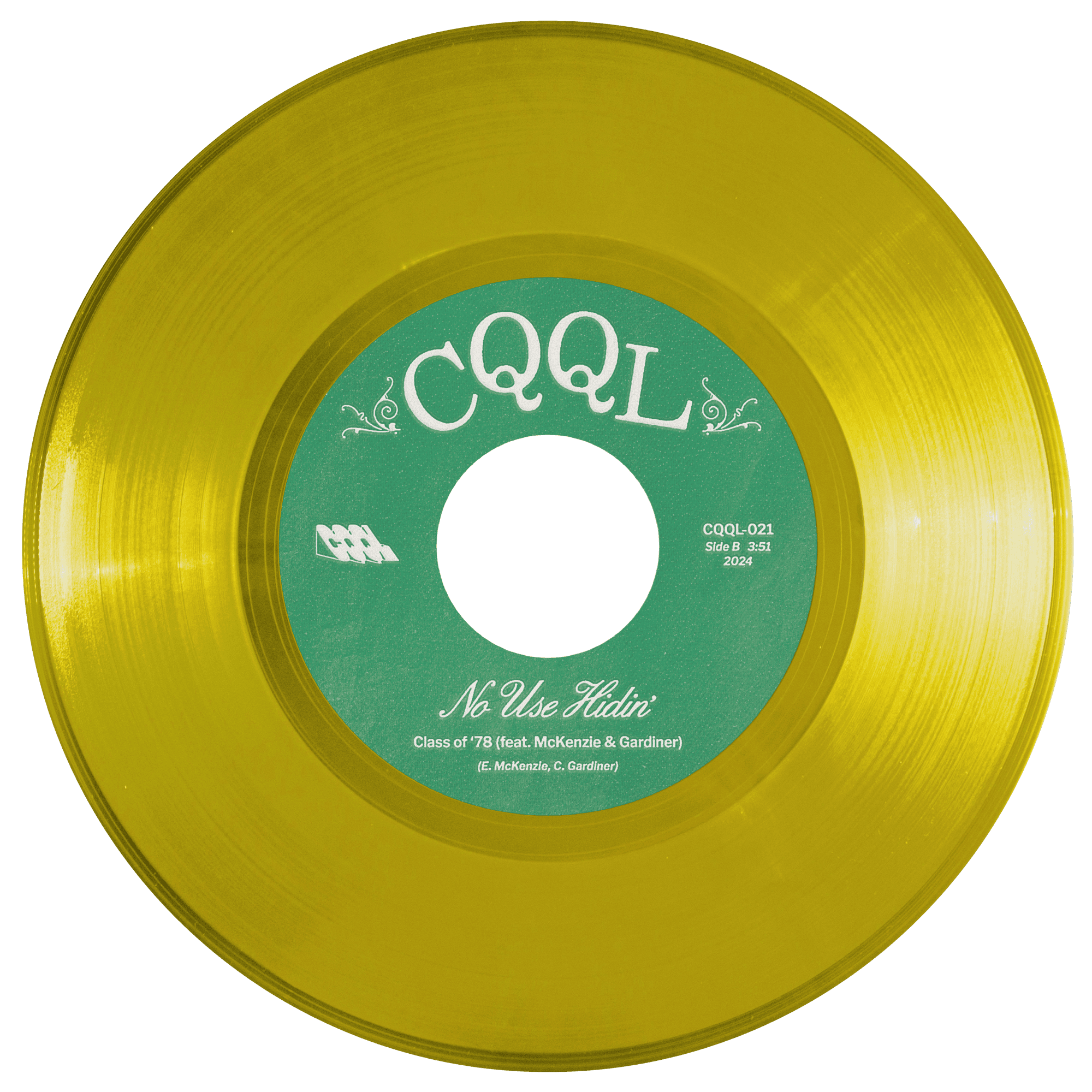 Clear yellow color vinyl record with green label on a white background
