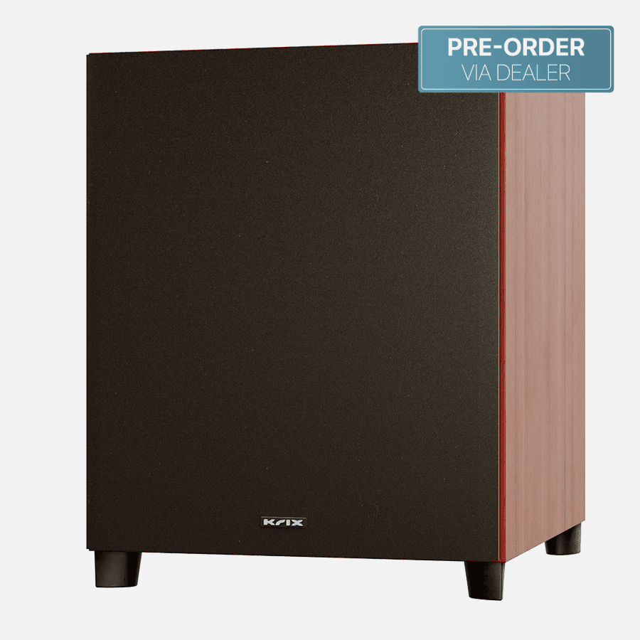 KRIX subwoofer with "PRE-ORDER VIA DEALER" badge