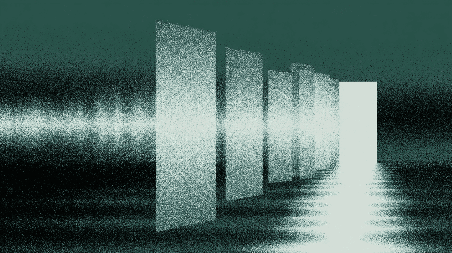 An abstract teal and white digital illustration depicting a glowing waveform being processed through a series of vertical rectangular filters toward a bright white doorway.