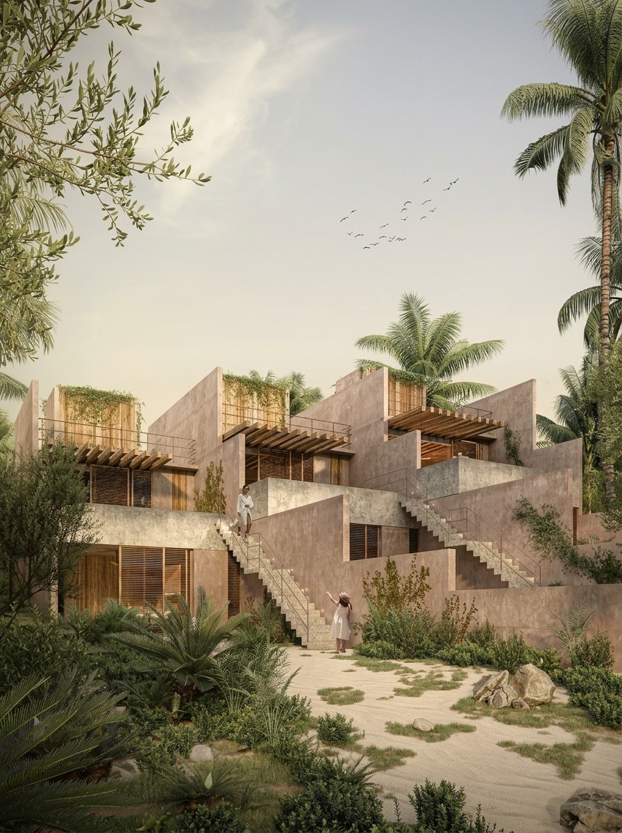 Modern terraced villa exterior featuring earth-toned stucco, wooden pergolas, and outdoor staircases in a sandy landscape.