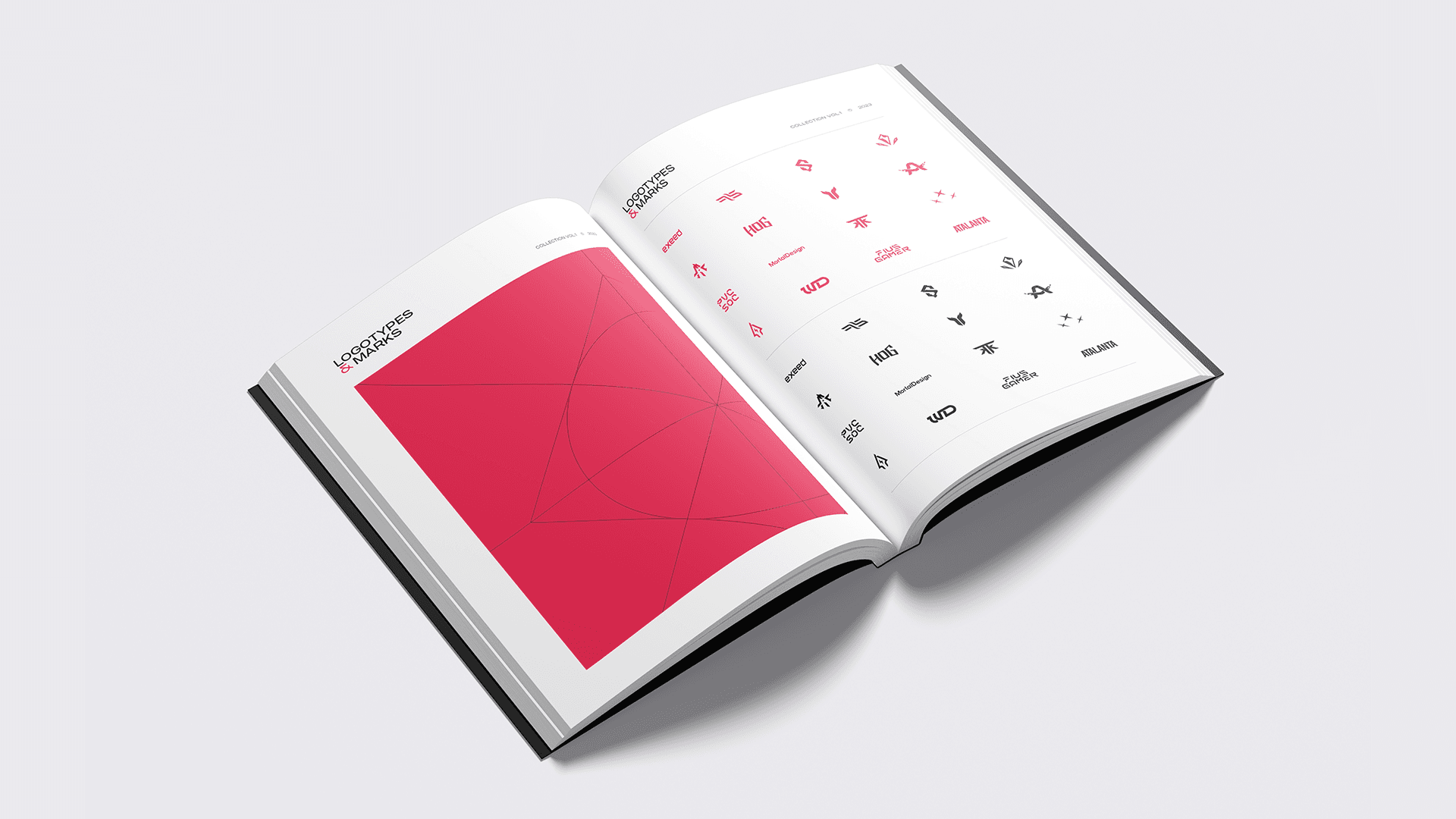 Grid of logo explorations book mockup — Vol.01