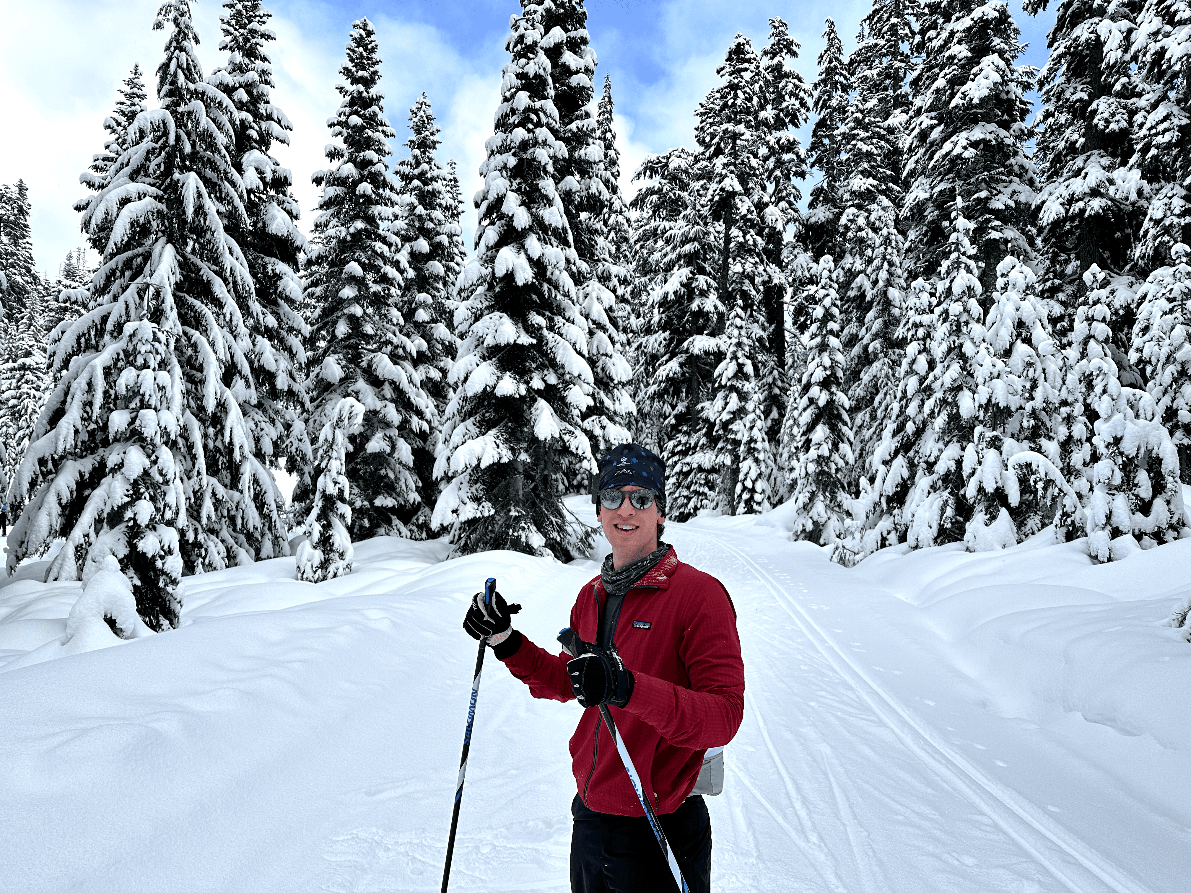 An image of me An image of me on cross country skis on a trail in the forest.