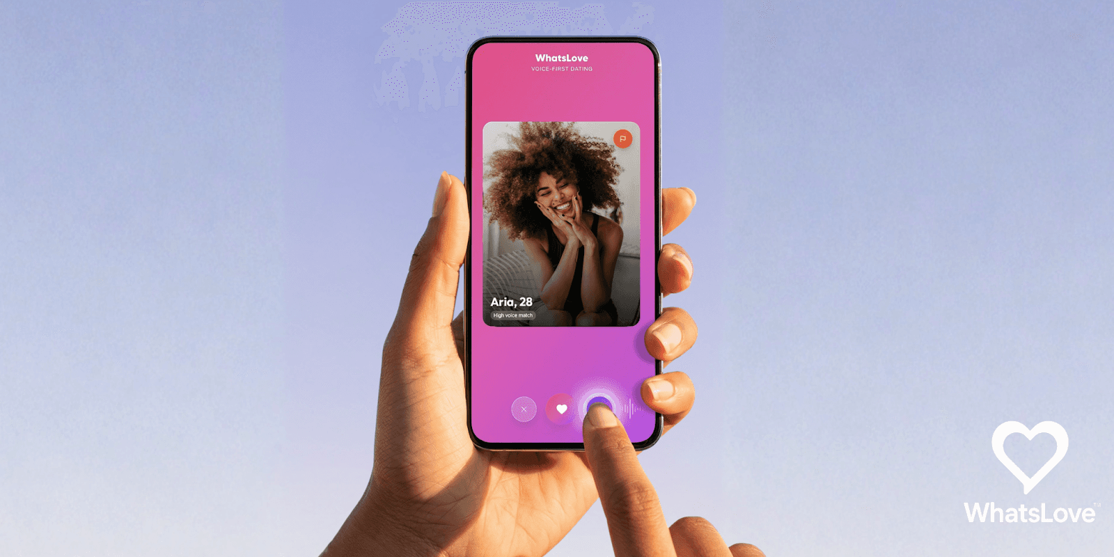 WhatsLove app showcasing a voice-first matching feature for authentic, emotion-driven social interactions without visual judgments or metrics