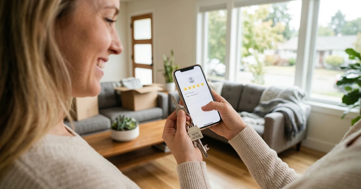 Client leaving a 5-star Google review on their phone after closing on a new home