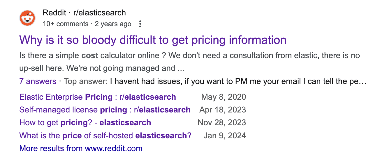 Complaints about how hard it is to get Elastic pricing information