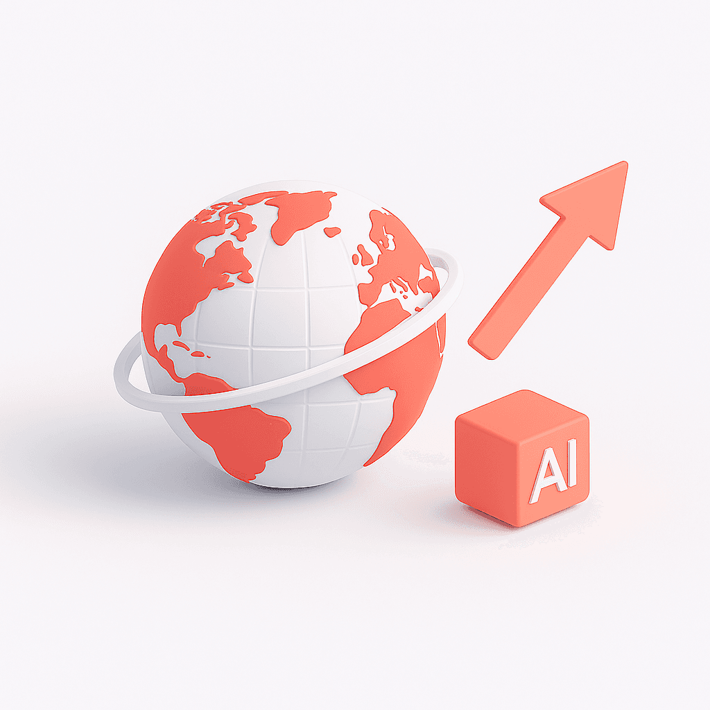 3D illustration of coral globe and upward arrow symbolizing global scalability and unified biotech platform