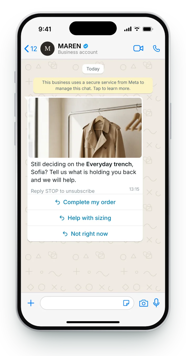 Ask what is holding them back: WhatsApp cart reminder on an iPhone