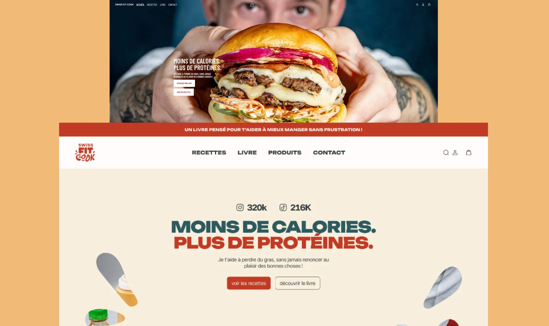 Page produit Swiss Fit Cook mettant en avant moins de calories et plus de protéines