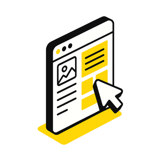 Illustration of a webpage with a large cursor icon clicking a section
