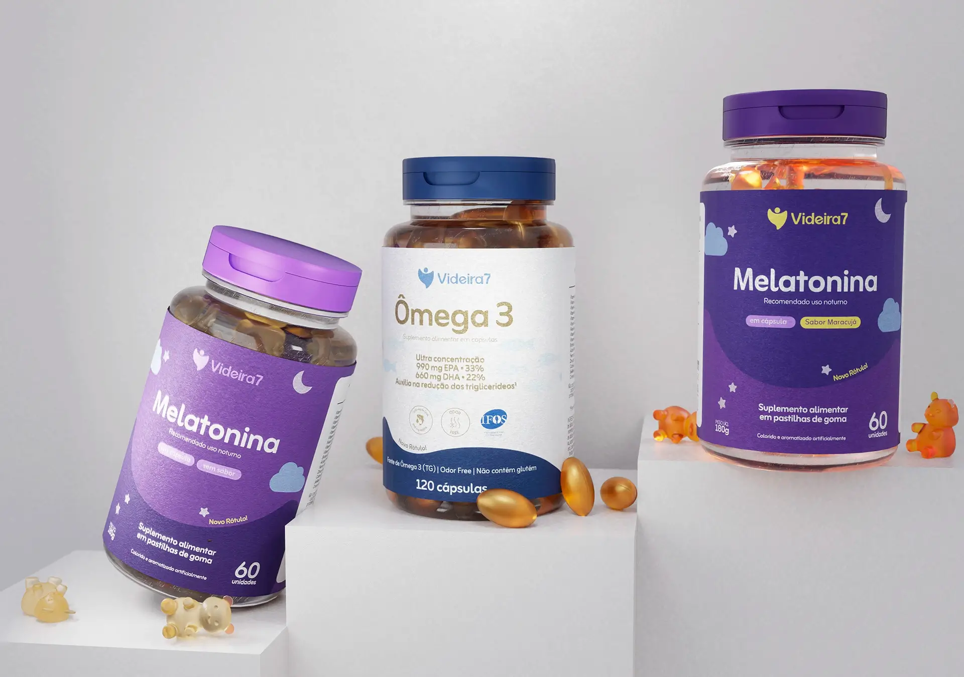 Full collection of Videira7 supplements, 3D design showcase featuring Melatonina and Omega 3 with creative elements like clouds and fruit.