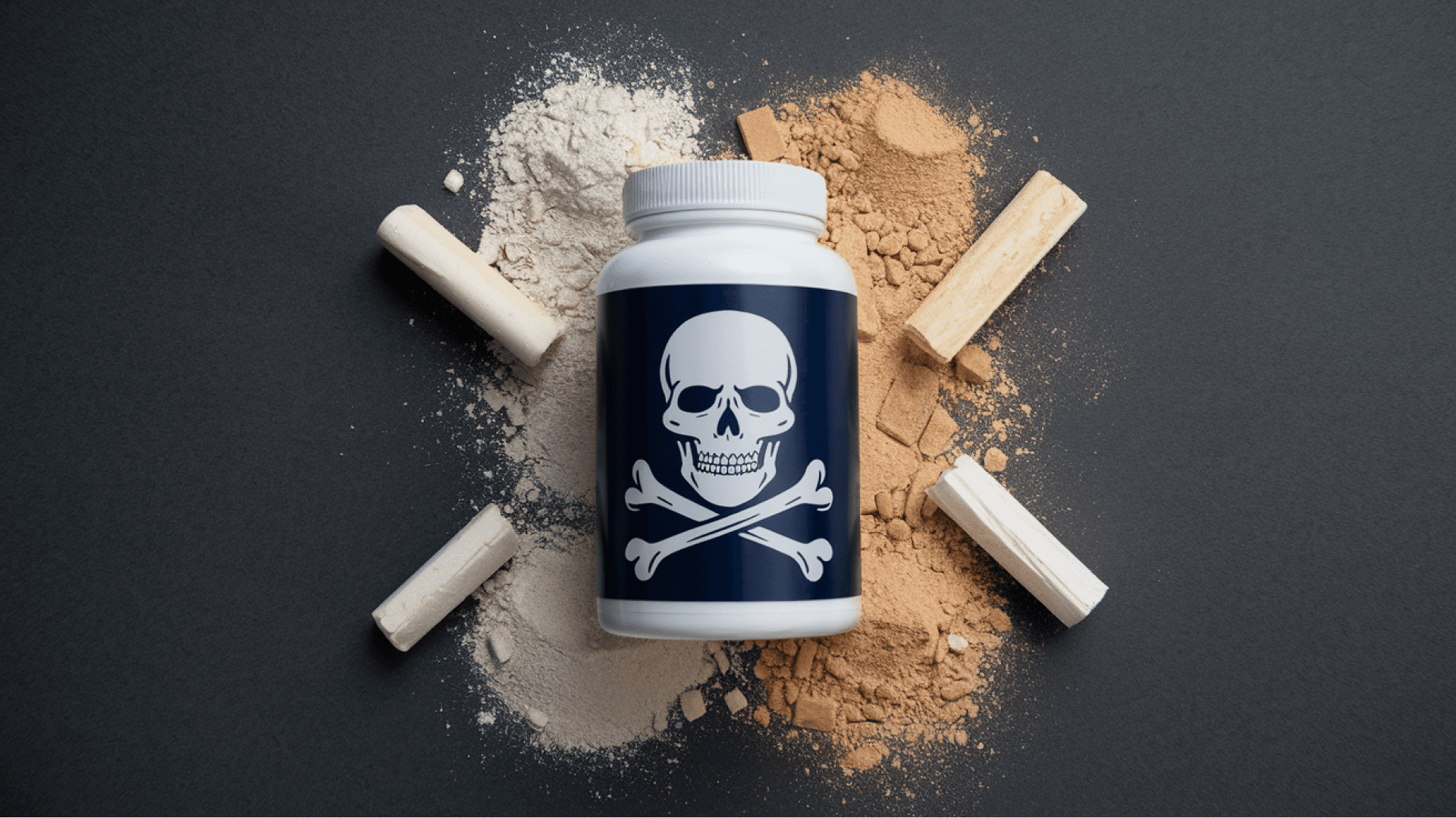 Dangerous fake protein supplements with skull warning label surrounded by powder on dark background Dangers of fake health products, FSSAI regulations for health supplements, Consumer safety in nutritional supplements