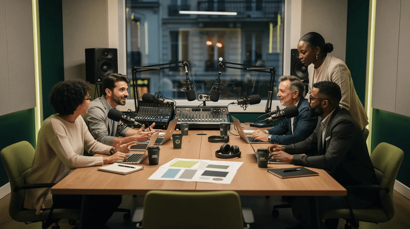 Une équipe de professionnels se réunit autour d'une table dans un studio de podcast haut de gamme à Paris, échangeant des idées pour le tournage d'une nouvelle émission. L'environnement est soigneusement décoré et équipé de matériel de qualité, propice à la création et à l'enregistrement.