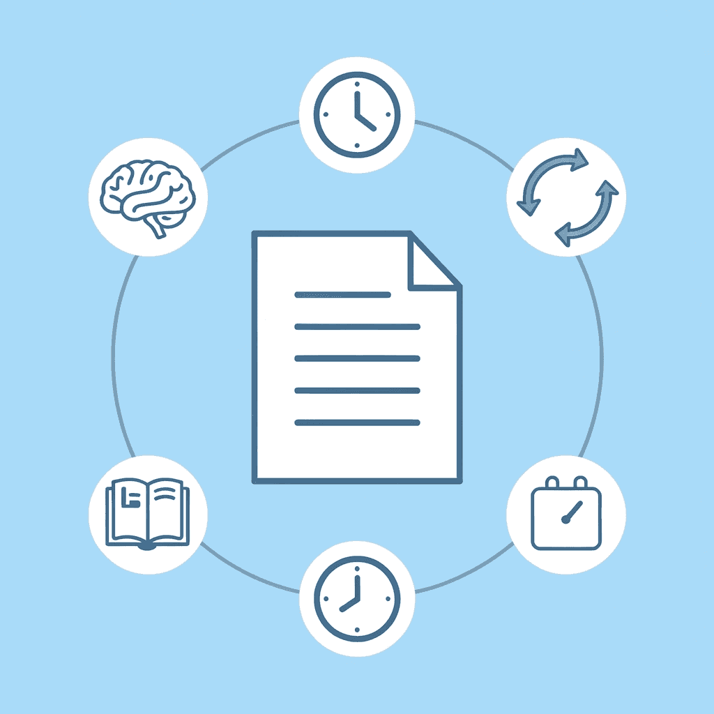 Central document icon surrounded by reading, analyzing, and editing icons to show simultaneous cognitive processes