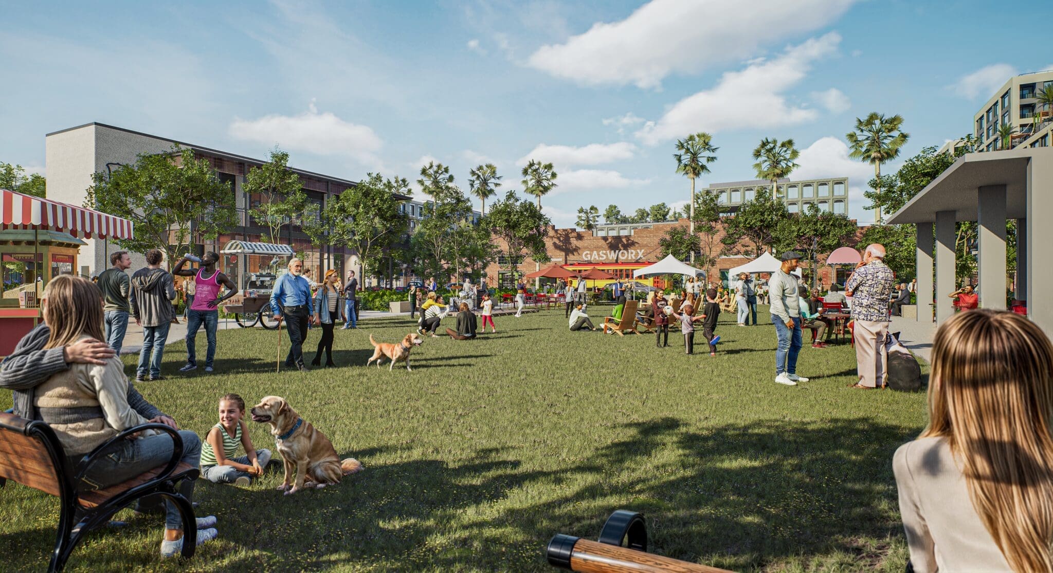 Rendering of Gasworx development central plaza with pedestrian walkways, green spaces, and mixed-use buildings in Ybor City Tampa