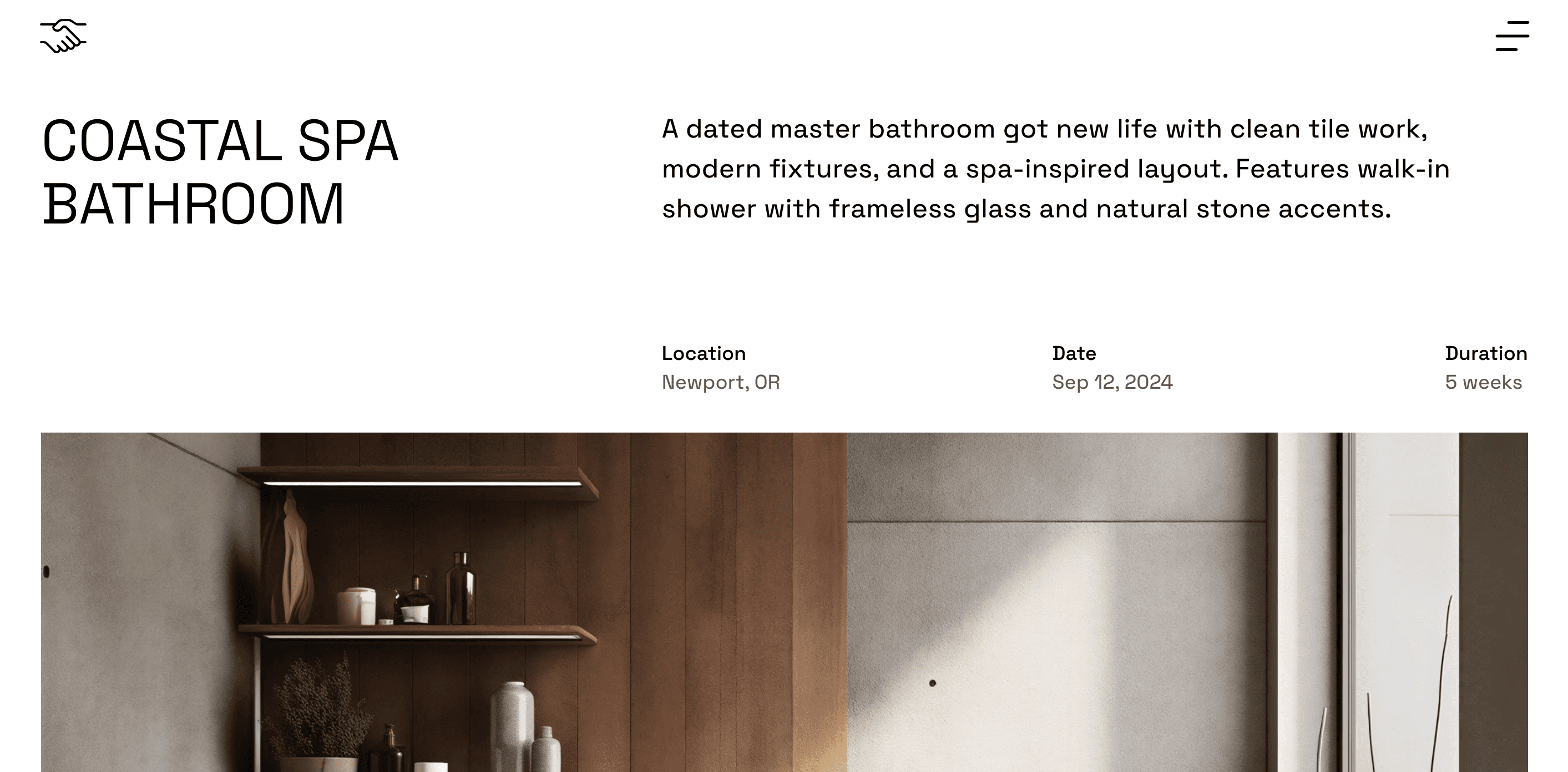 Project detail page 'Coastal Spa Bathroom' in Newport, OR, with project metadata above a warm, stone-and-wood spa bathroom interior.