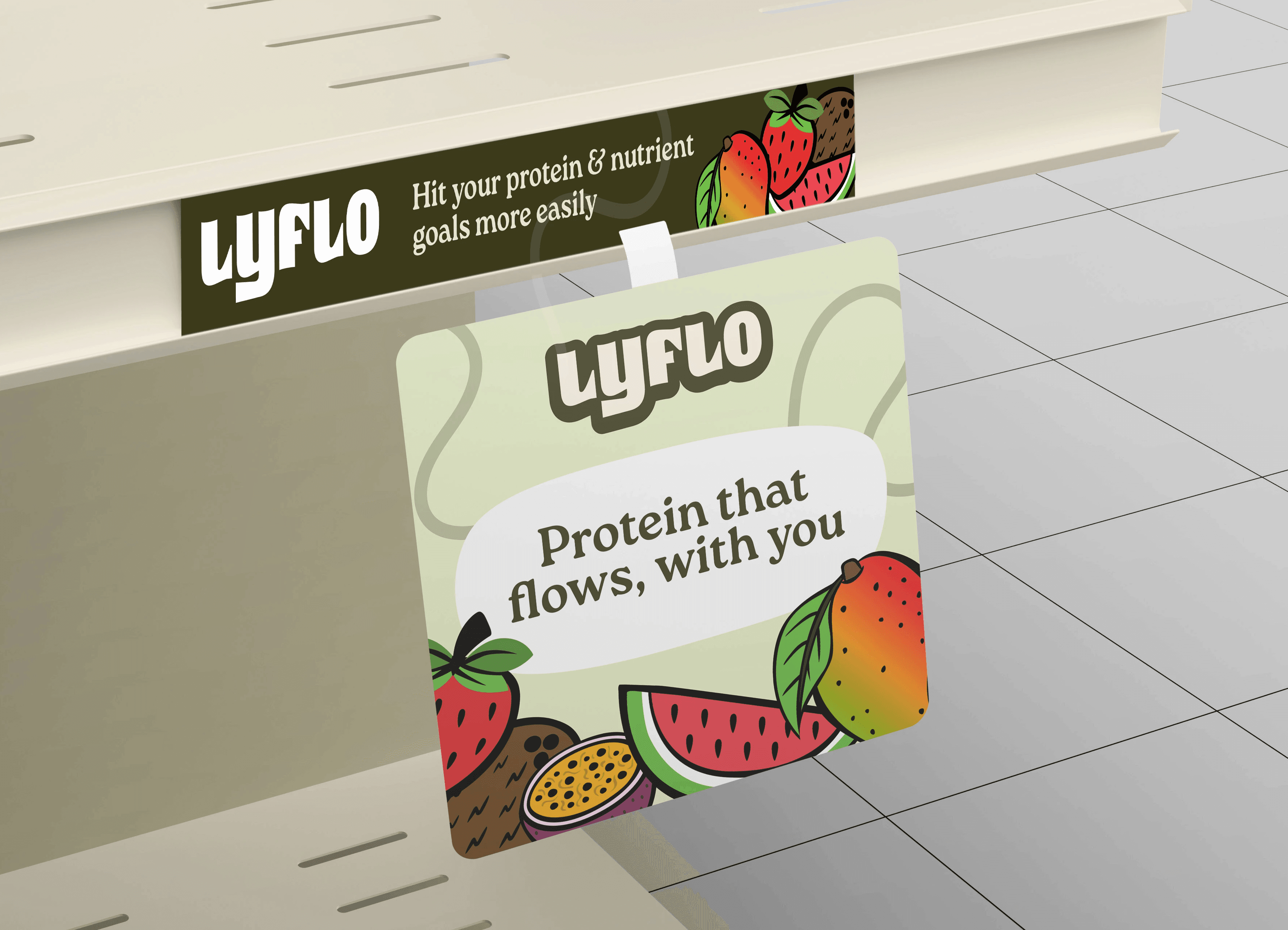 Shelf talker product mockup with colorful "Lyflo" design elements