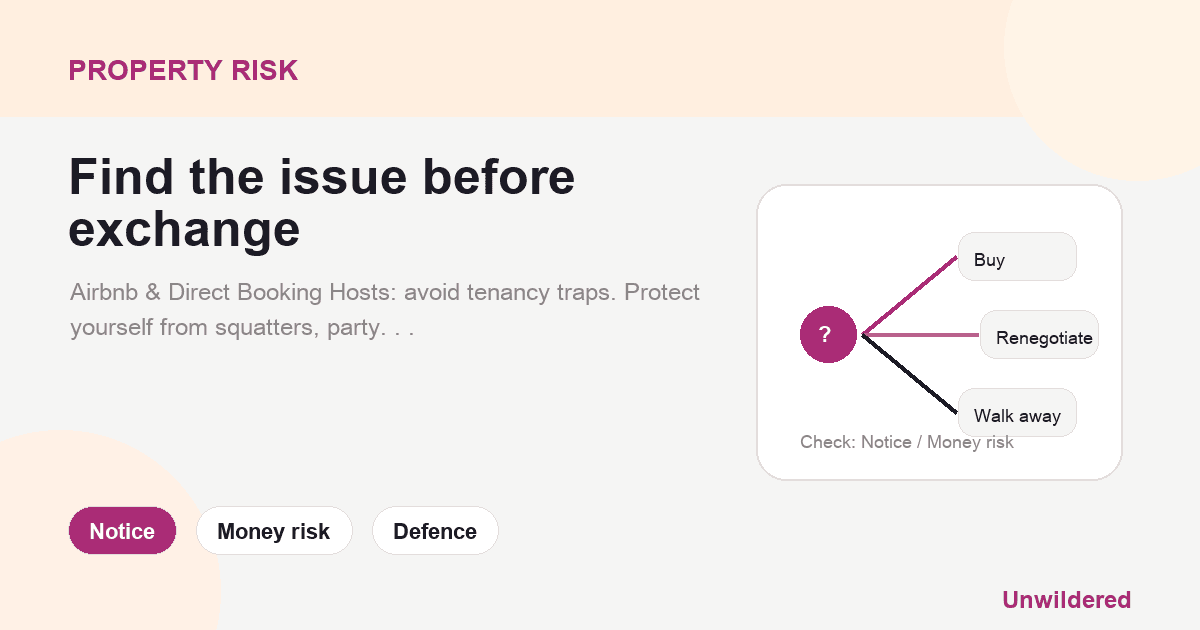 Explainer card for Beyond Airbnb: The Legal Survival Guide for Direct Booking Hosts: Notice, Money risk, Defence.